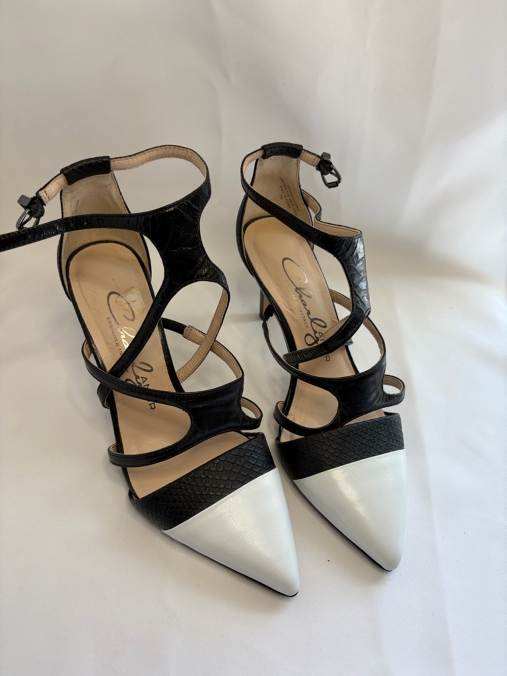 Strappy Two-Tone Pointed Toe Heels - Black & White